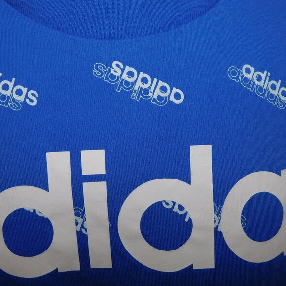 Adidas Mens M Blue White All over Spelllout Print Fave Crew Neck  T Shirt - Picture 7 of 8